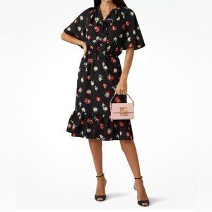 Ralph Lauren Black/Red Crepe Tie Neck‎ Flutter Sleeve Flutter Hem Midi Dress 12